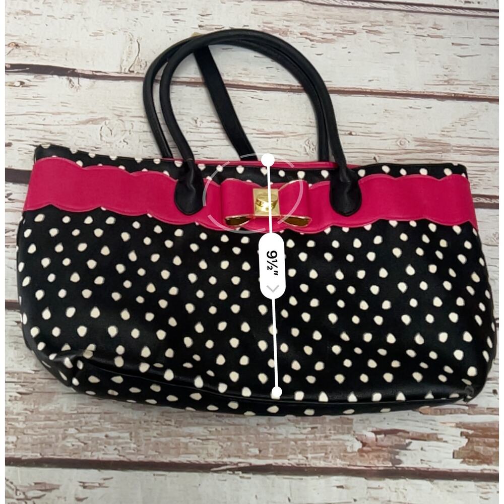 BETSEY JOHNSON Black White Polka Dot Tote Bag Pink Scalloped Trim Bow Large - Picture 10 of 12